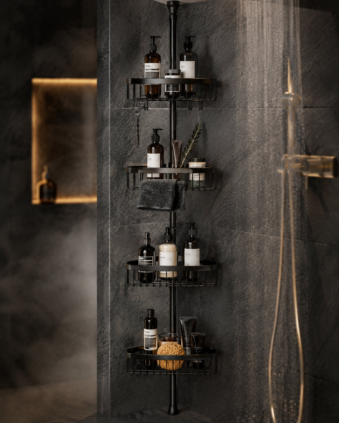 RackHaus corner shower caddy in a luxury bathroom